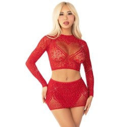 Top + Saia de Rede com Brilhantes Vermelho