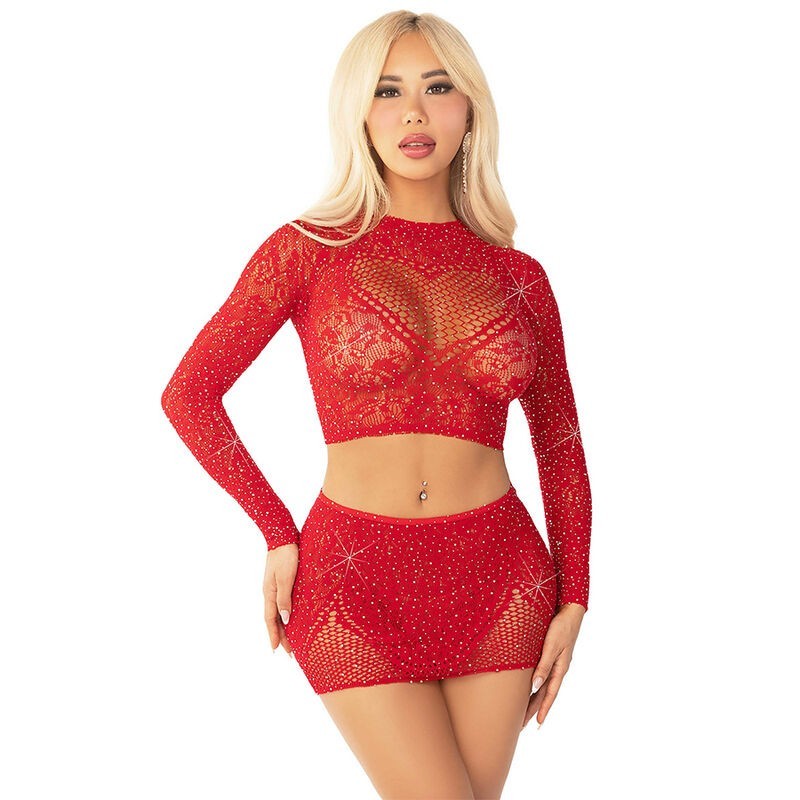 Top + Jupe Résille Rouge à Strass