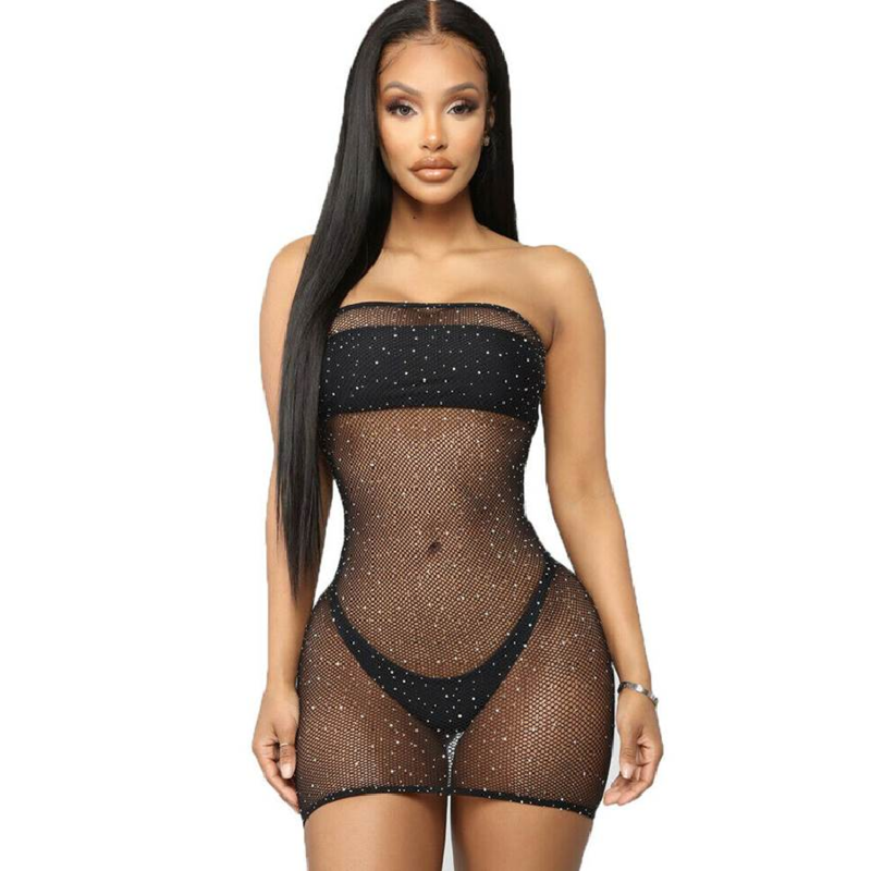 Netzkörperkleid mit Strass S/L