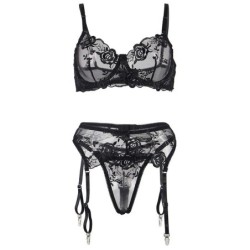 945237 Beha + String met Jarretels Bloemmotief Zwart S/M