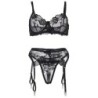 945237 Beha + String met Jarretels Bloemmotief Zwart S/M