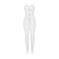 951740 Bodystocking Crotchless De Malha Com Laços Branco Tamanho Único