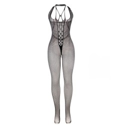 951788 Bodystocking Langt Net Undertøj Stropper På Bryst Og Ryg Sort One Size