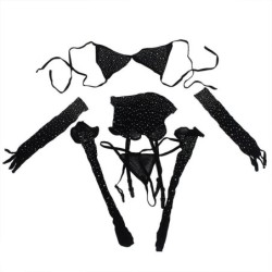 952174 Body cu plasă cu mănuși și diamante Negru Mărime Unică