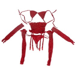 952181 Meia-Corpo de Rede Com Luvas e Diamantes Vermelho Tamanho Único