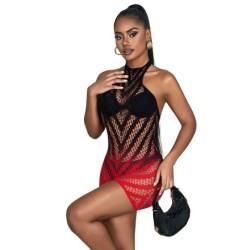 952242 Elastische Netjurk met Kleurovergang Rood en Zwart One Size