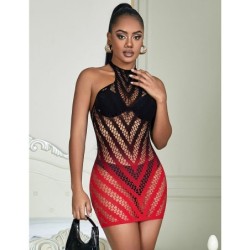 952242 Elastische Netjurk met Kleurovergang Rood en Zwart One Size