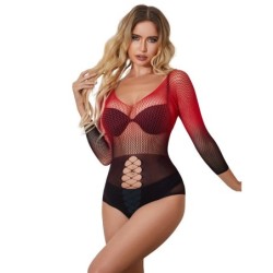 952259 Elastische Netjurk Lange Mouwen Verloop Rood En Zwart One Size