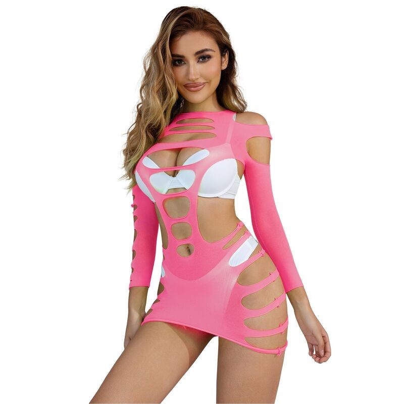 952273 Elastisches Netz-Kleid Langarm Rosa Einheitsgröße