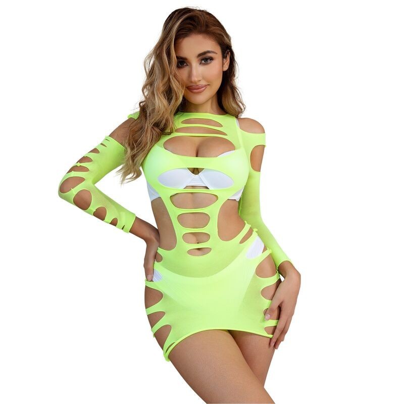 952280 Elastisches Netz-Kleid Langarm Grün Einheitsgröße