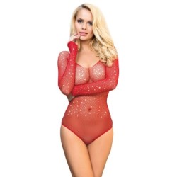 952303 Glanzend Netbody Met Blote Schouders Lange Mouwen Rood One Size