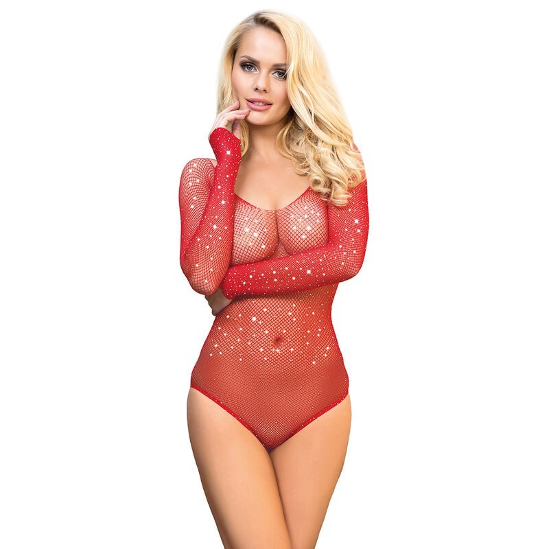 952303 Body Résille Brillante Épaules Dénudées Manches Longues Rouge Taille Unique