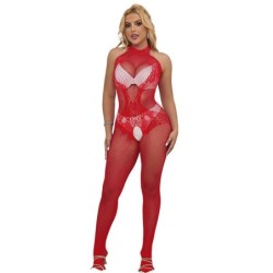 952372 Bodystocking Crotchless A Rete E Pizzo Con Collo Alto Rosso Taglia Unica