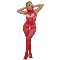 952372 Bodystocking Crotchless Van Netstof En Kant Met Hoge Hals Rood One Size