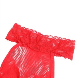 952372 Bodystocking Crotchless Tīklveida Un Mežģīņu Ar Augstu Kaklu Sarkans Viens Izmērs