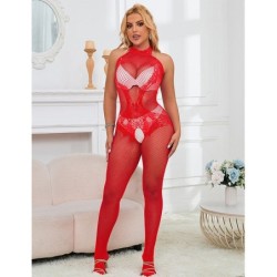 952372 Tinklinis Bodystocking be tarpkojo su nėriniais ir aukštu kaklu, raudonas, universalus dydis