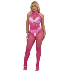 952389 Bodystocking Crotchless A Rete E Pizzo Con Collo Alto Rosa Taglia Unica