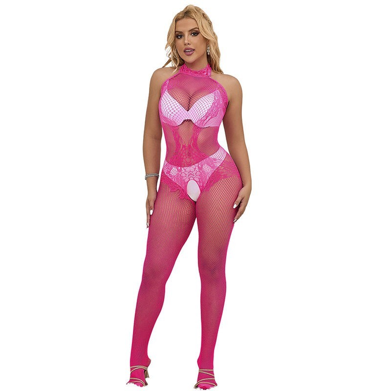 952389 Bodystocking Crotchless En Résille Et Dentelle À Col Montant Rose Taille Unique