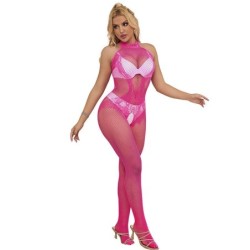 952389 Bodystocking Crotchless De Malha e Renda Com Gola Alta Rosa Tamanho Único
