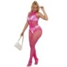 952389 Bodystocking Crotchless De Rejilla Y Encaje Con Cuello Alto Rosa Talla Única
