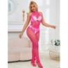 952389 Bodystocking Crotchless De Rejilla Y Encaje Con Cuello Alto Rosa Talla Única