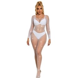 952396 Bodystocking A Rete Con Diamanti Manica Lunga Bianco Taglia Unica