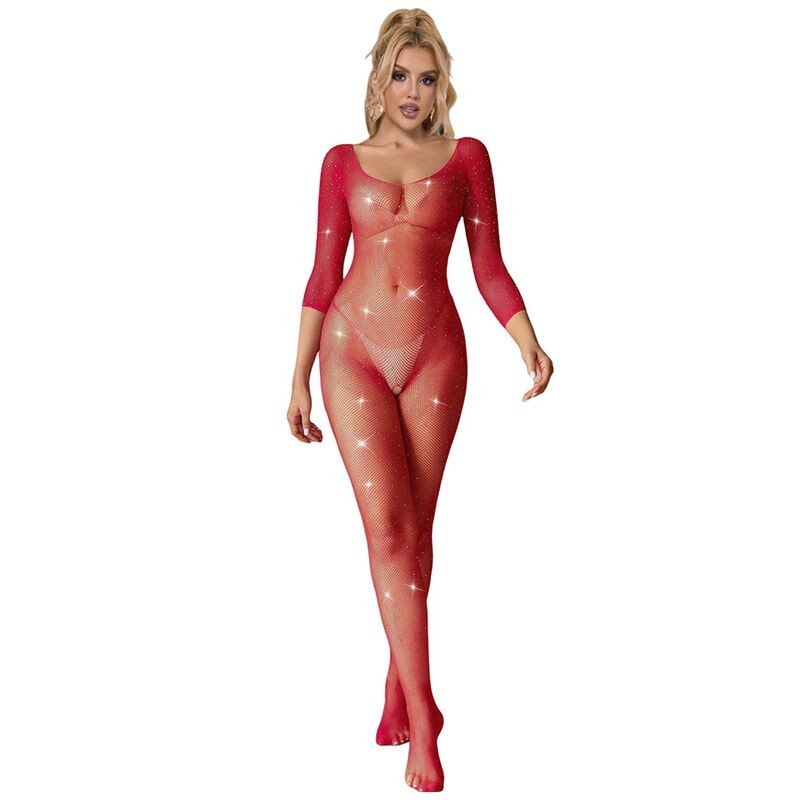 952419 Bodystocking De Rejilla Con Diamantes Manga Larga Rojo Talla Única