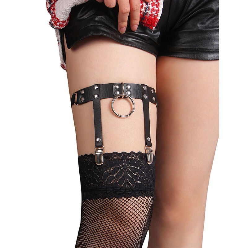 953744 Punk leren jarretel verstelbaar zwart one size