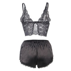 953928 Set 3 Piezas Encaje Y Saten Negro L/Xl