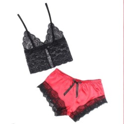 953966 Seksuali Pižama iš Satino ir Nėrinių Juoda/Raudona L/Xl