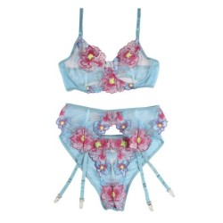 954109 Soutien-gorge + Culottes Avec Jarretière Design Floral Bleu S/M