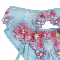 954116 Sutien + Chiloți cu Jartieră Design Floral Albastru L/Xl