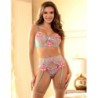 954116 BH + String met jarretels, blauw bloemmotief L/Xl