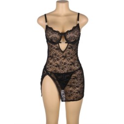 954185 Babydoll De Renda Com Alças Ajustáveis Preto S/M
