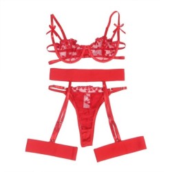 954338 Sujetador + Tanga + Ligueros Estampado De Corazones Rojo L/Xl