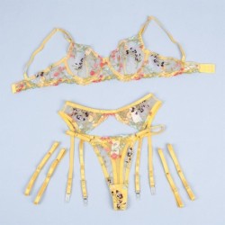954345 Sujetador + Tanga + Ligueros Diseño Floral Amarillo S/M