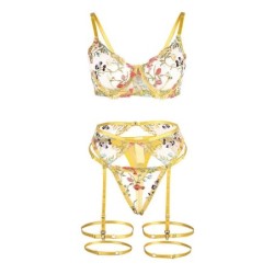 954352 Soutien-gorge + String + Jarretières Design Floral Jaune L/Xl