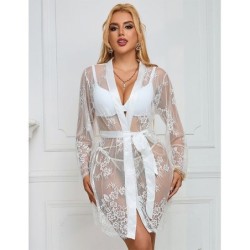 954376 Camicia da Notte a Maniche Lunghe con Design Floreale Bianco L/Xl