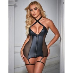 954451 Reizvolles Netz-Kleid aus schwarzem Leder L/Xl