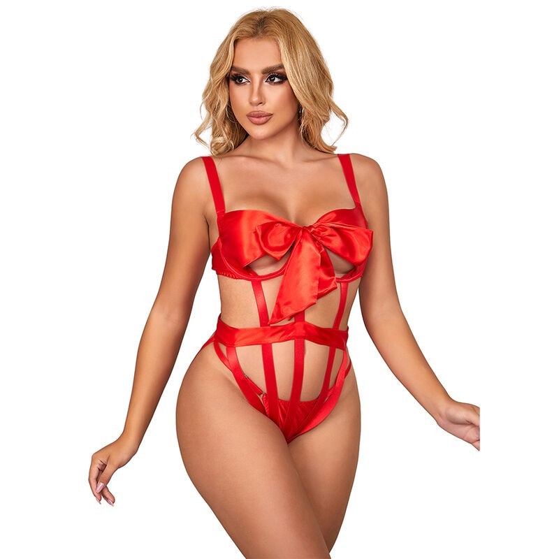 954475 Testhezálló, szexi, kivágott, piros masnis ruha L/Xl