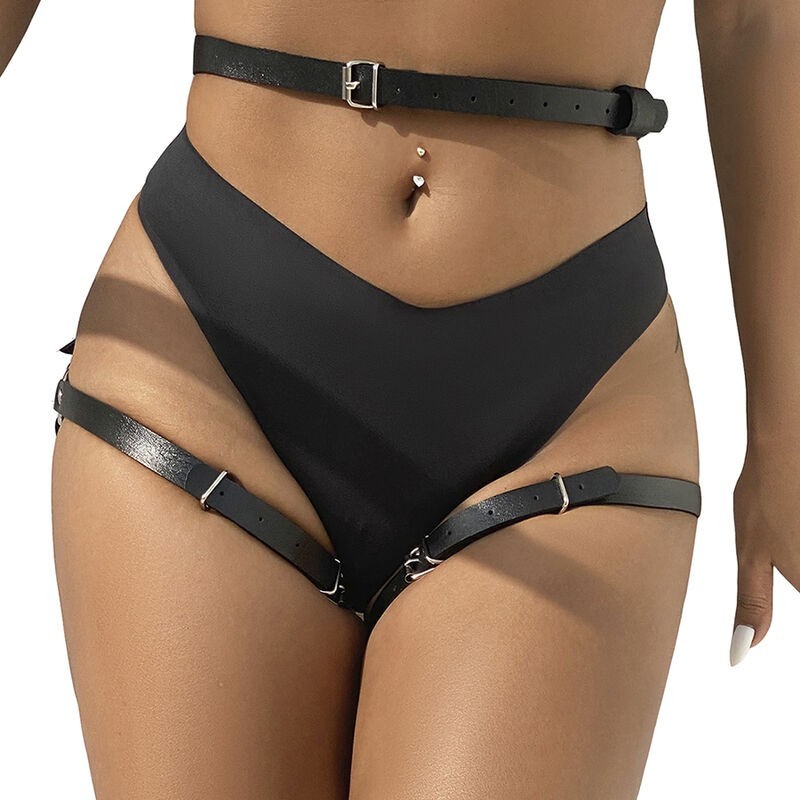 Midje- och bensele i svart läder, One Size