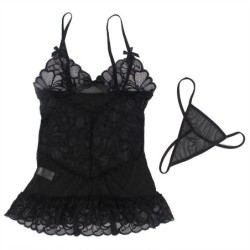 Babydoll, jossa säädettävät olkaimet ja läpinäkyvä pitsikukkaprintti, musta S/M