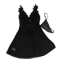 Babydoll Tulle Fabric Lace & Flower Detail Black L/Xl
