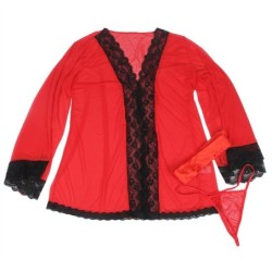 Bata Tela Transparente Detalle Encaje Rojo L/Xl