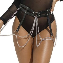 Cinturon De Cadenas Anillas Cuero Negro Talla Única