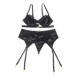 Ensemble 3 Pièces Soutien-Gorge + String + Jarretière Dentelle Noir L/Xl
