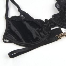 Ensemble 3 Pièces Soutien-Gorge + String + Jarretière Dentelle Noir L/Xl