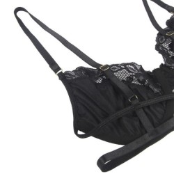 Set de 3 Piese Sutien + Tanga + Jartieră Dantelă Neagră S/M