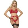 Set di 3 Pezzi Reggiseno + Tanga + Giarrettiera Pizzo Rosso L/Xl