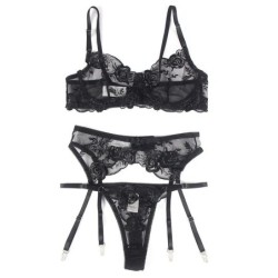 3-osainen setti Rintaliivit + Stringit + Sukkanauhaliivi Musta Kukkaprintti L/Xl